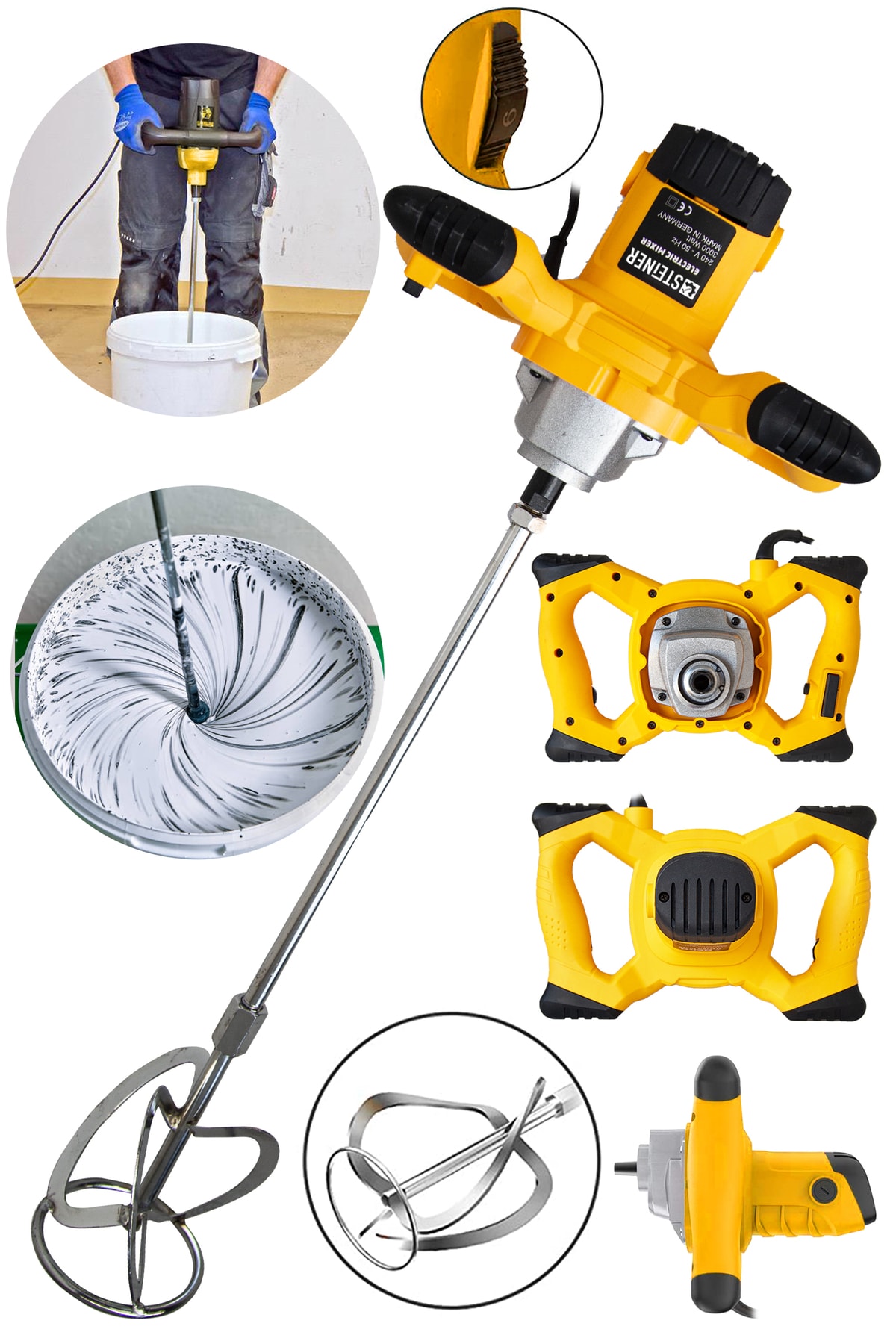 STEİNER Alman Gt-sarı 3000 Bakır Sargı 6 Kademe Devir Ayarlı Elektrikli Alçı Boya Ve Harç Karıştırıcı Mikser