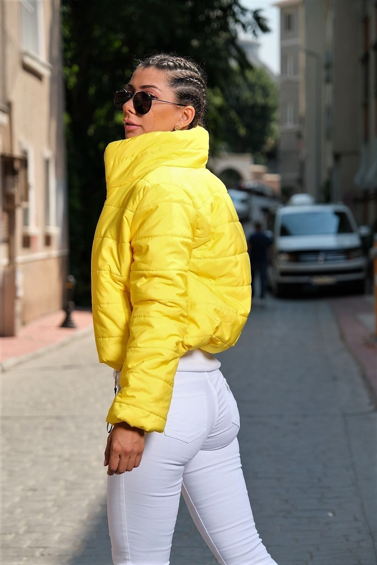 Yellow puffer jacket outfit top