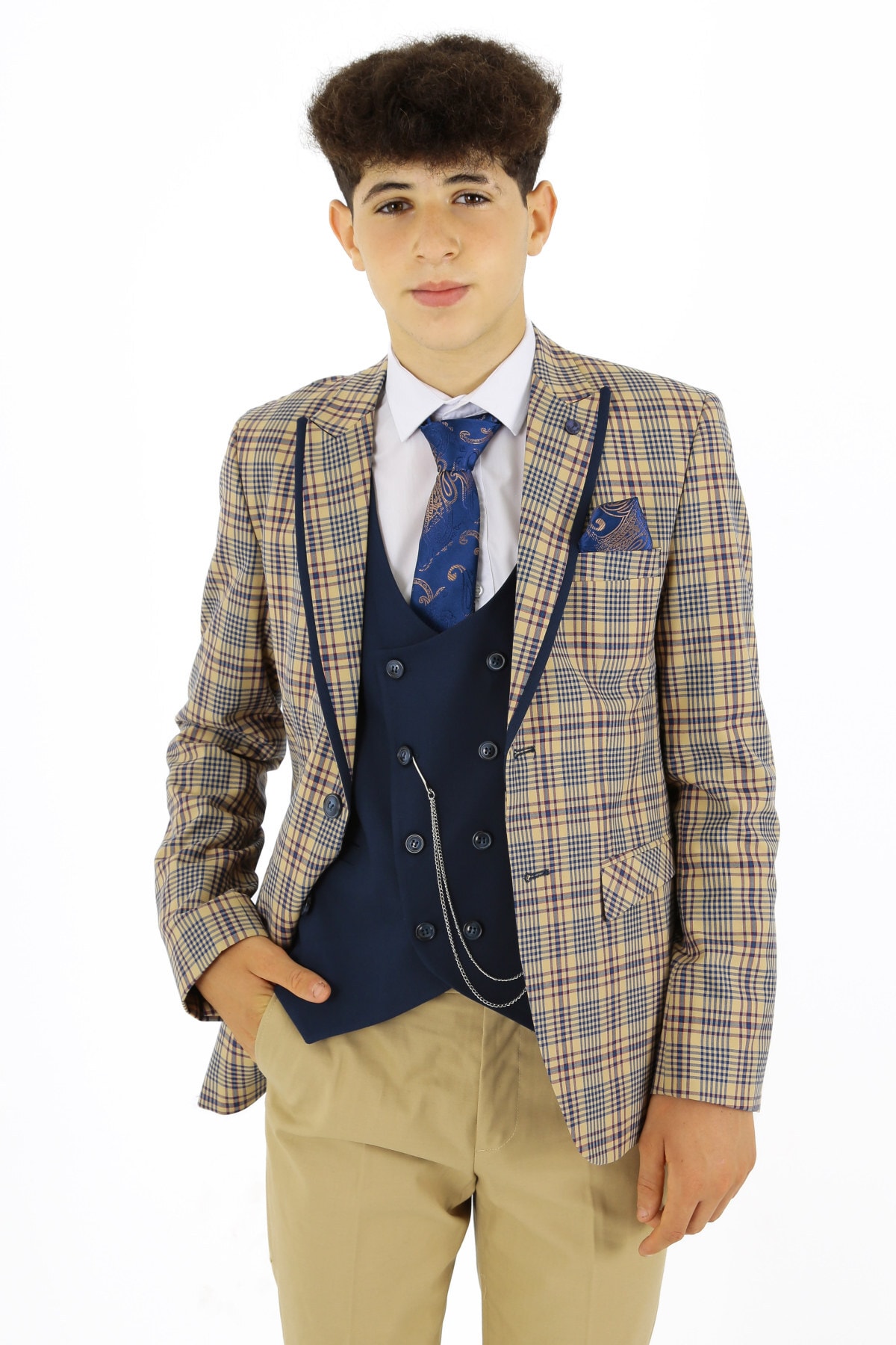  کت و شلوار چهارخانه پسرانه، سه تکه، ژاکت، جلیقه، شلوار