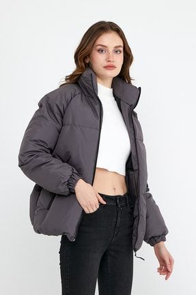 Kadın Gri Basic Oversize Su Ve Rüzgar Geçirmez Dik Yaka Şişme Mont MERO-B196