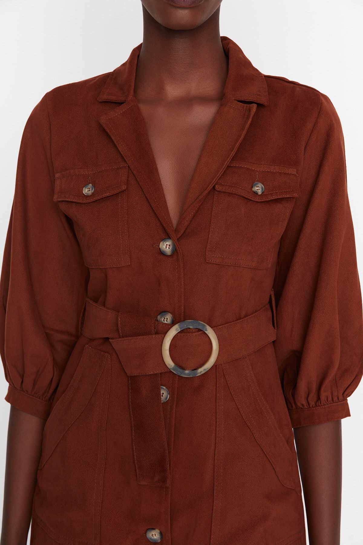Trendyol Collection-Καφέ Γραβάτα Λεπτομερές Υφαντό Φόρεμα TWOAW20EL1156 4