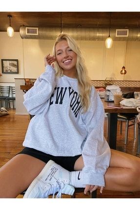 Kadın Gri New York Baskılı Oversize Sweatshirt SWE-SORT