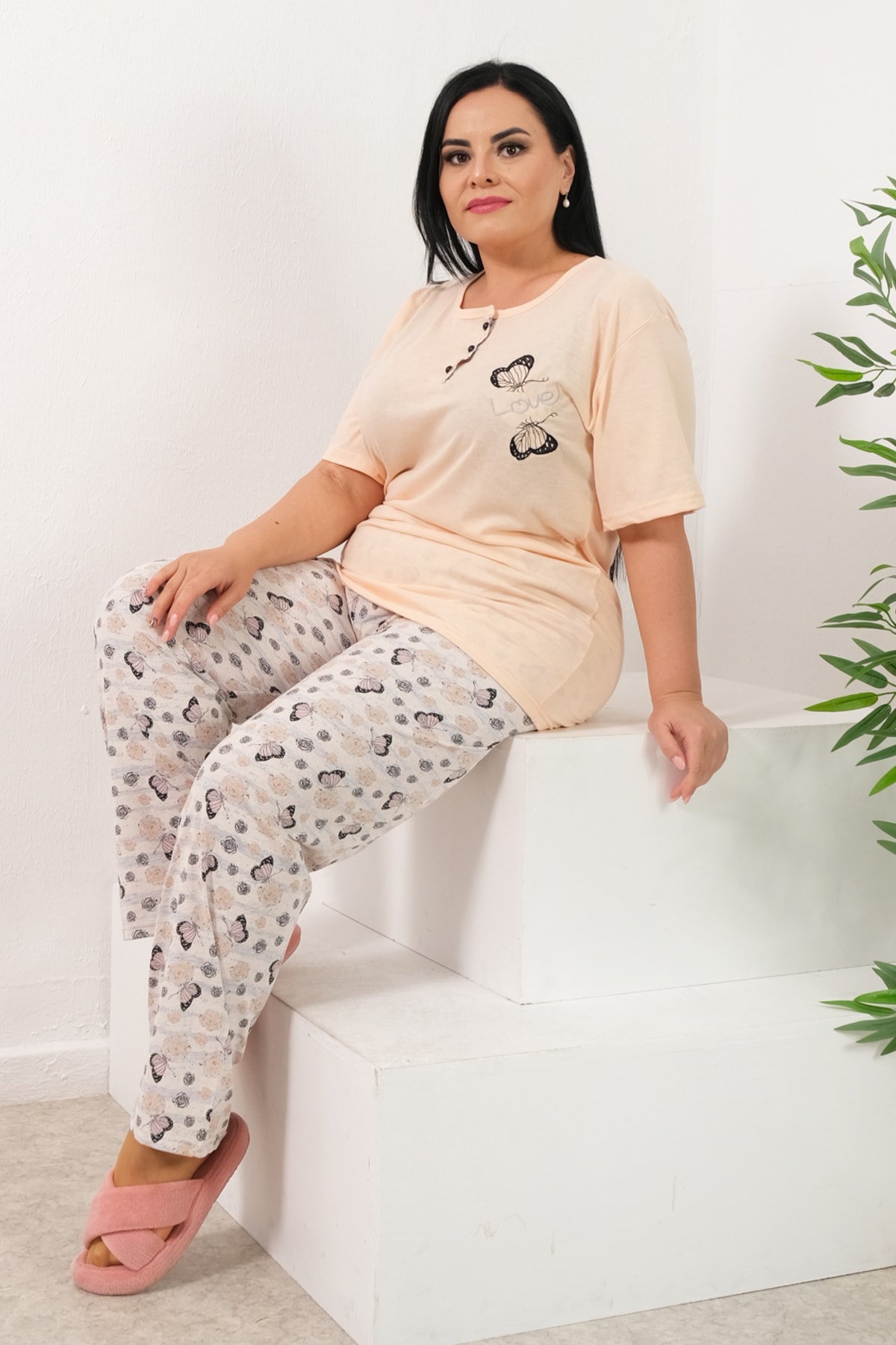 PİNKMARK Kadın Pudra Gri Nakış Detaylı Desenli Penye Büyük Beden Pijama Takımı Pmtk25510