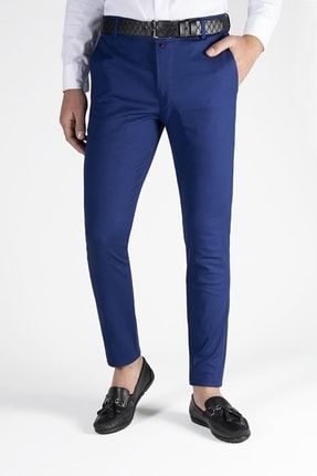 Erkek Mavi Slim Fit Petekli Italyan Dar Kesim Keten Pantolon 9K-2200212-008