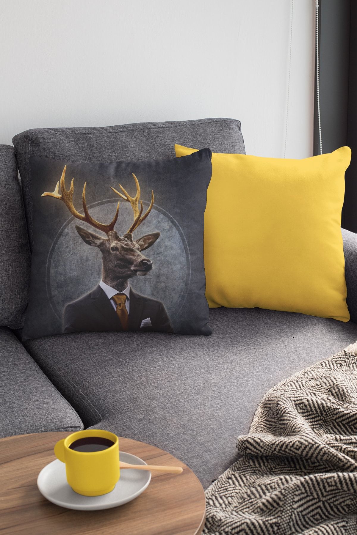 NeluxHome Double Sided Throw Pillow Cover Premium Thai Feather Woven Fabric Golden Horned Deer 43x43cm Krl949