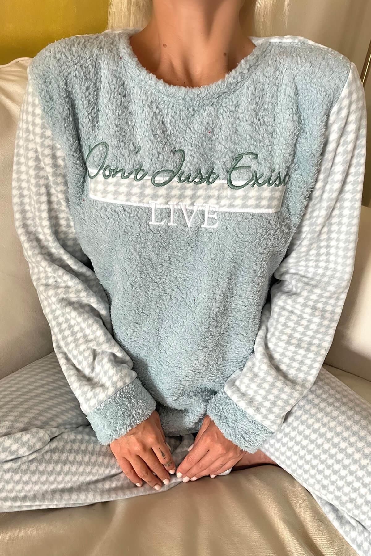Pijamaevi Yeşil Live Desenli Kadın Peluş Pijama Takımı SN8700