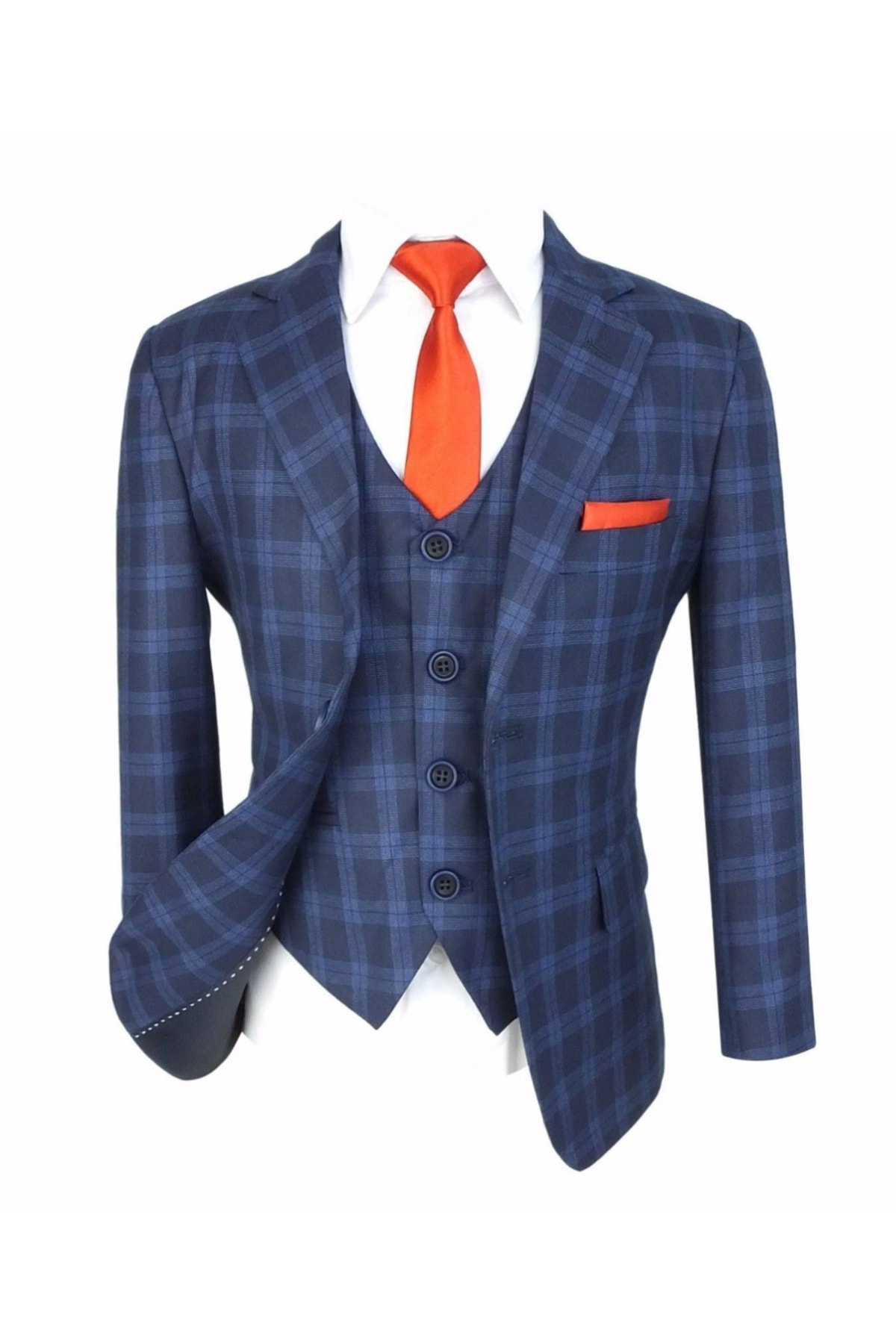  کت و شلوار سه تکه چهارخانه پسرانه سرمه‌ای