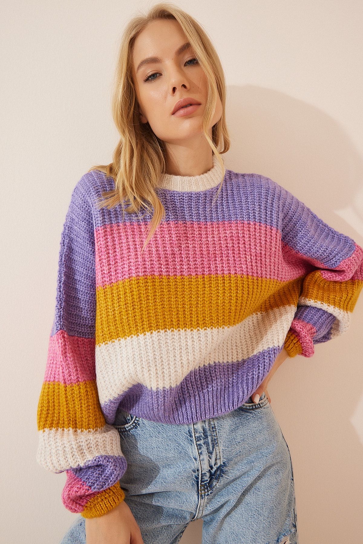 Happiness İstanbul-Lila-rosa gestreifter Strickpullover mit Ballonärmeln für Damen BV00002 3