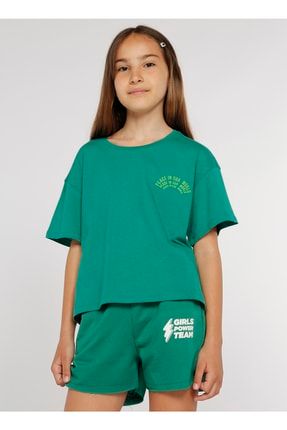 Bisiklet Yaka Normal Kalıp Baskılı Yeşil Kız Çocuk T-shirt - Funky G17 5002778257