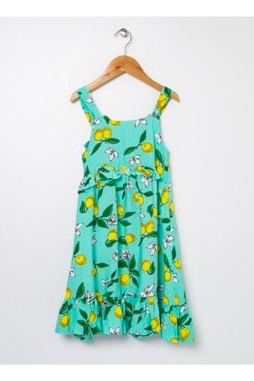 Limon Kare Yaka Askılı Kol Limon Desenli Su Yeşili Kız Çocuk Elbise 504397014