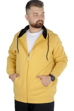 Erkek Hardal Kapşonlu Zippered Basic Sweatshirt 20543
