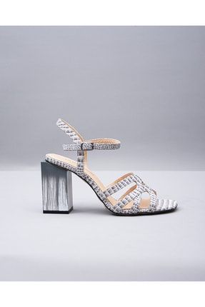 Beyaz Kroko Baskı Bantlı Deri Kadın Topuklu Ayakkabı 50024