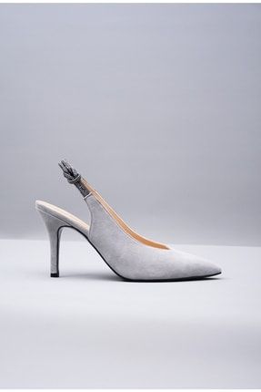 Gri Süet Deri Taşlı Kadın Topuklu Ayakkabı 50017