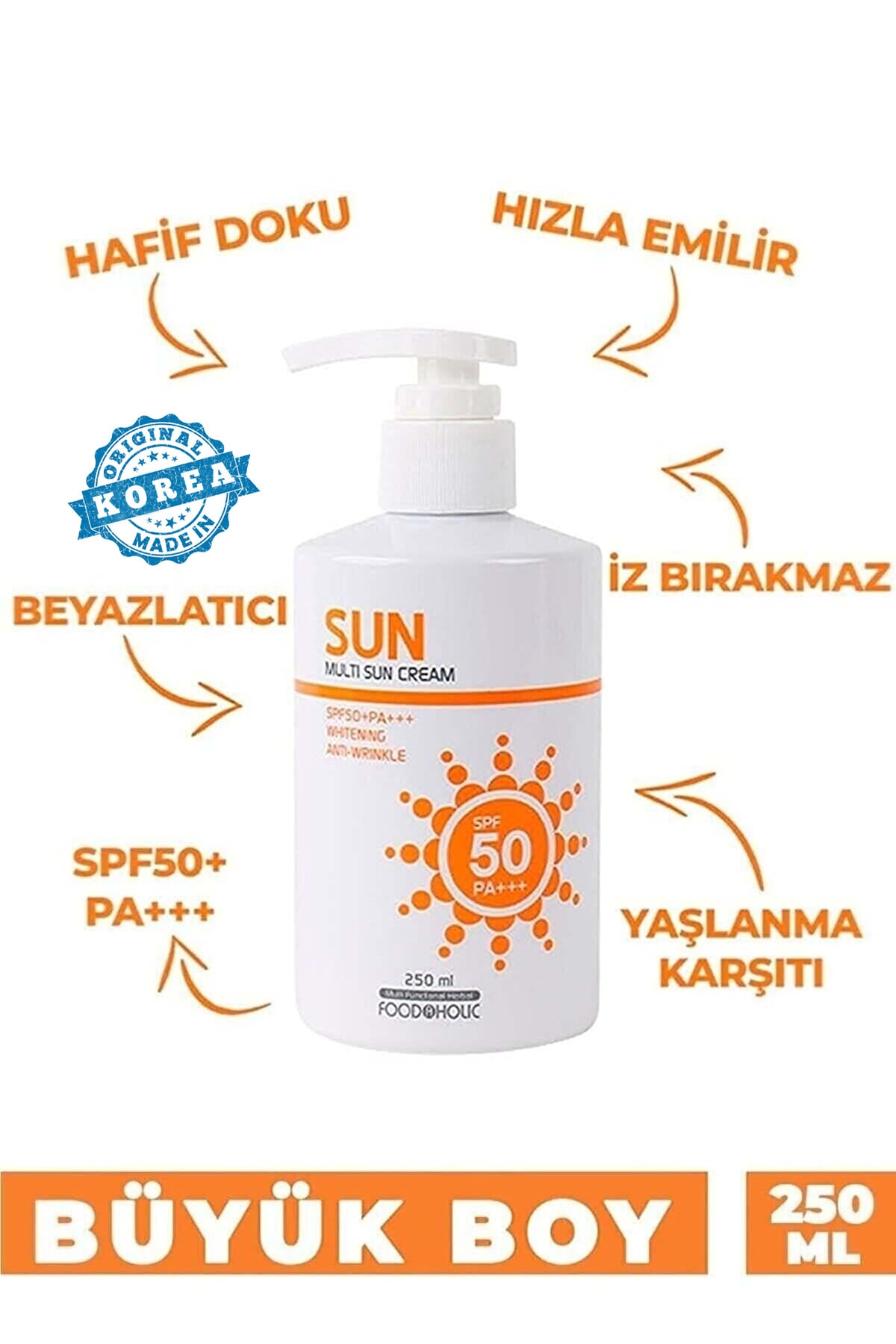 FOODAHOLIC Multi Sun 250ml Adenozin Içeren Yapışkan His Bırakmayan Leke Karşıtı Spf50 Pa Uva/uvb Güneş Kremi