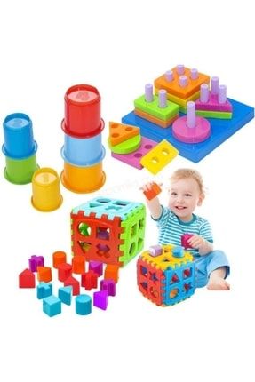 Çocuk Sevimli Kule + Geometrik Şekiller Bulmaca + Bul Tak Puzzle Eğitici Zeka Geliştirici Set IKG-41