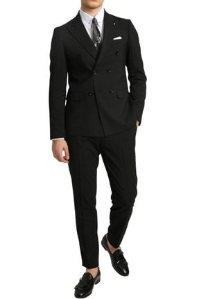 Siyah Slim Fit Kruvaze Takım Elbise-(FULL SET) KRVTK202220232024