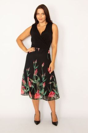 Kadın Siyah Etek Kısmı Şifon Astarlı Anvelop Çiçek Desenli Elbise 65N26735