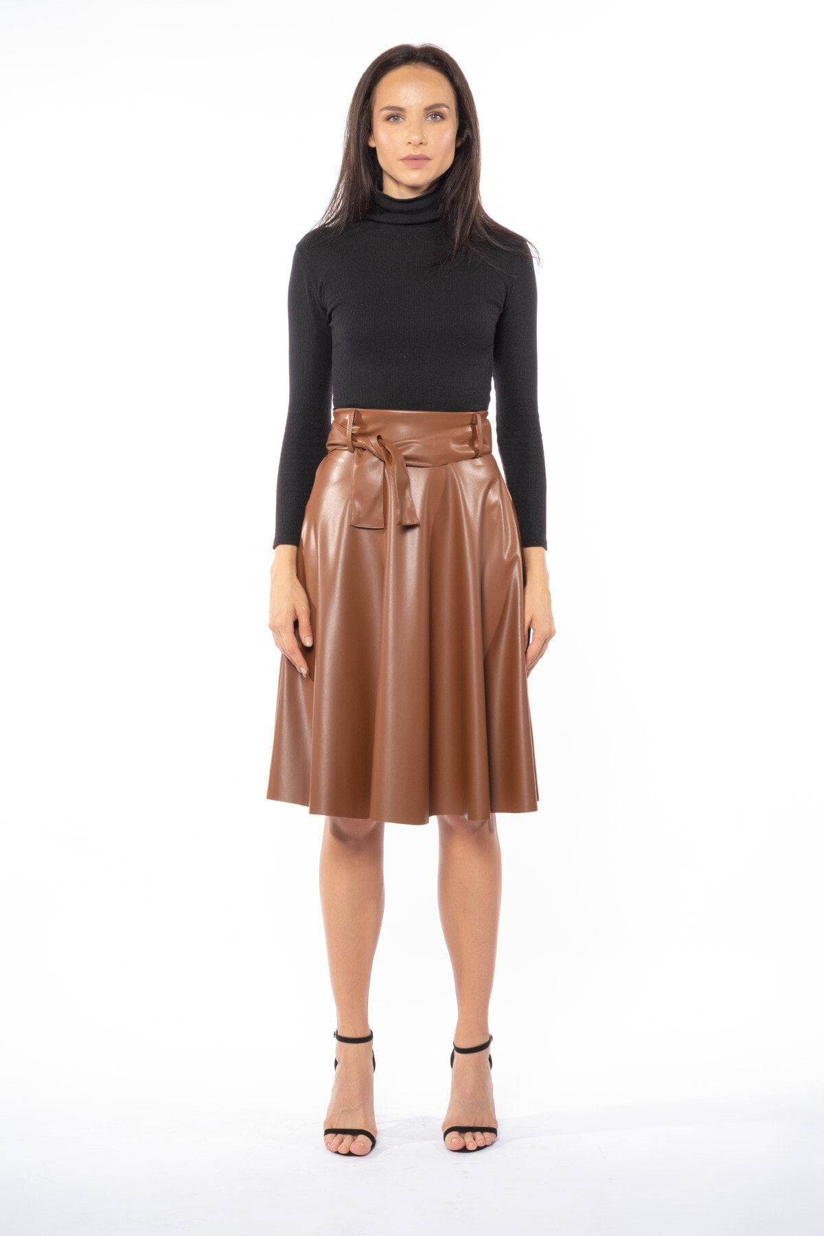 Grenj Fashion Tan High Waist Midi Length Leather Skirt with Belt