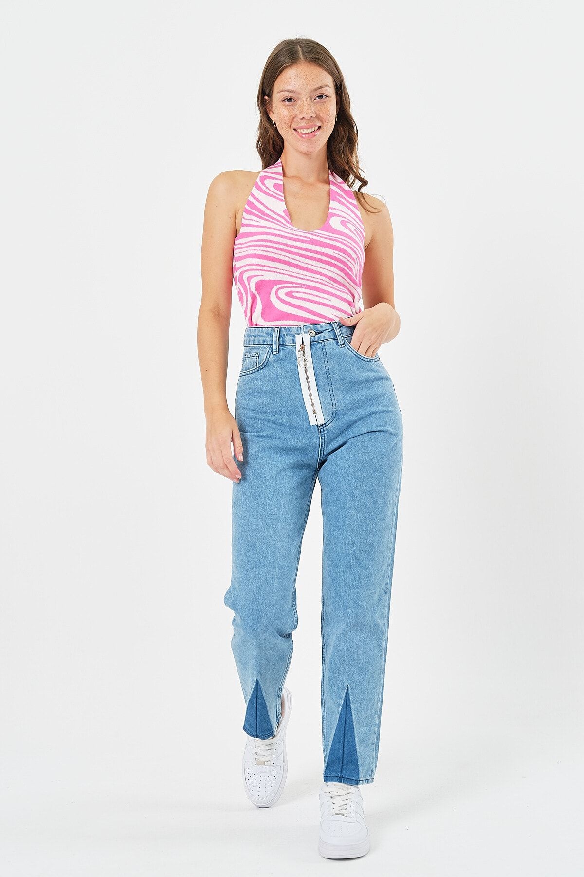 Kadın Buz Mavisi Yüksek Bel Fermuarlı Mom Jeans