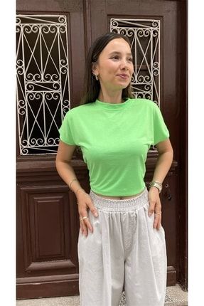 Basic Kesik Kol Uzun Tshirt Neon Yeşil STK-00000319