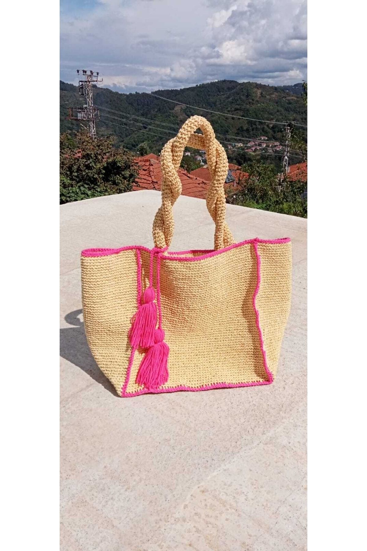 Sare Çocuk Giyim Handmade Natural Straw Bag Wicker Knitted Bag Large  Organic Bag with Tassels - Trendyol