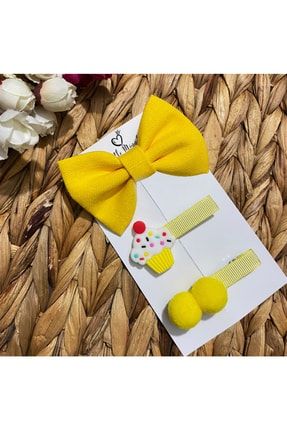 Kız Bebek Çocuk 3’lü Sarı Fiyonk - Cupcake Klips Toka Seti BM83