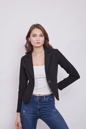 Kadın Siyah Renk Yakalı Flato Cepli Pamuklu Kumaş Kısa Blazer Ceket 37019