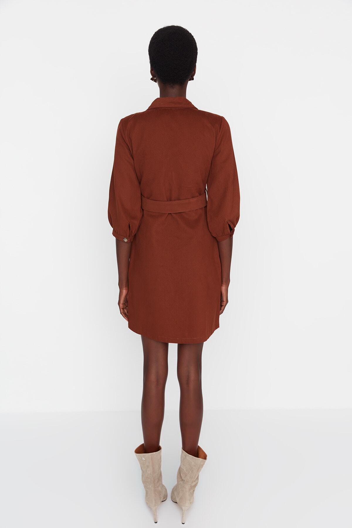Trendyol Collection-Καφέ Γραβάτα Λεπτομερές Υφαντό Φόρεμα TWOAW20EL1156 5