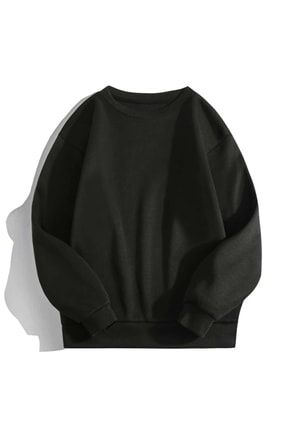 Siyah Basic 0 Sıfır Yaka Baskısız Düz Oversize Salaş Bol Kesim Polar Sweatshirt M&BSWEDÜZS