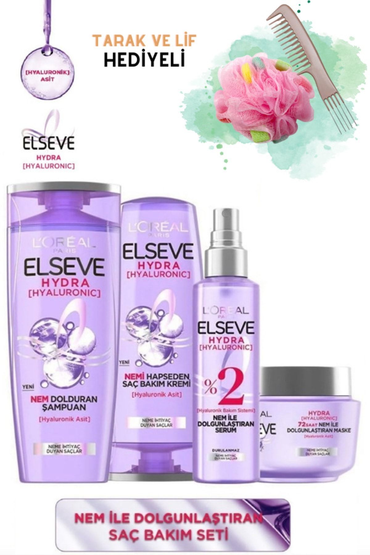 Hydra Nem Ile Dolgunlaştıran Saç Bakım Seti - Şampuan & Saç Bakım Kremi & Serum & Maske