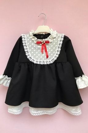 Dantel Ve Güpür Detaylı Siyah Krep Kız Çocuk Bebek Tasarım Elbise 862212202101