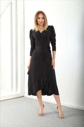 Kadın Siyah Uzun Kol Volanlı Kuşaklı Büyük Beden Elbise ELBISEDELISI-1121