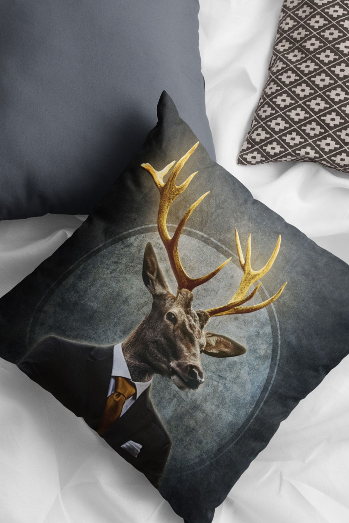 NeluxHome Double Sided Throw Pillow Cover Premium Thai Feather Woven Fabric Golden Horned Deer 43x43cm Krl949