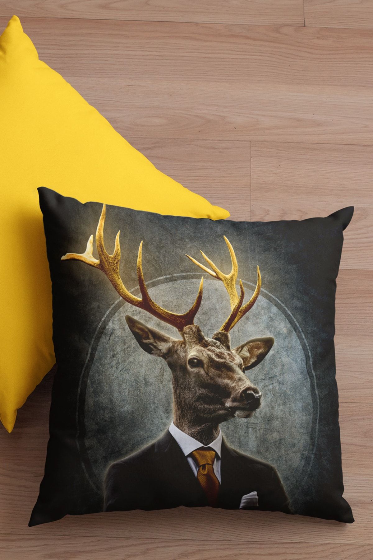 NeluxHome Double Sided Throw Pillow Cover Premium Thai Feather Woven Fabric Golden Horned Deer 43x43cm Krl949