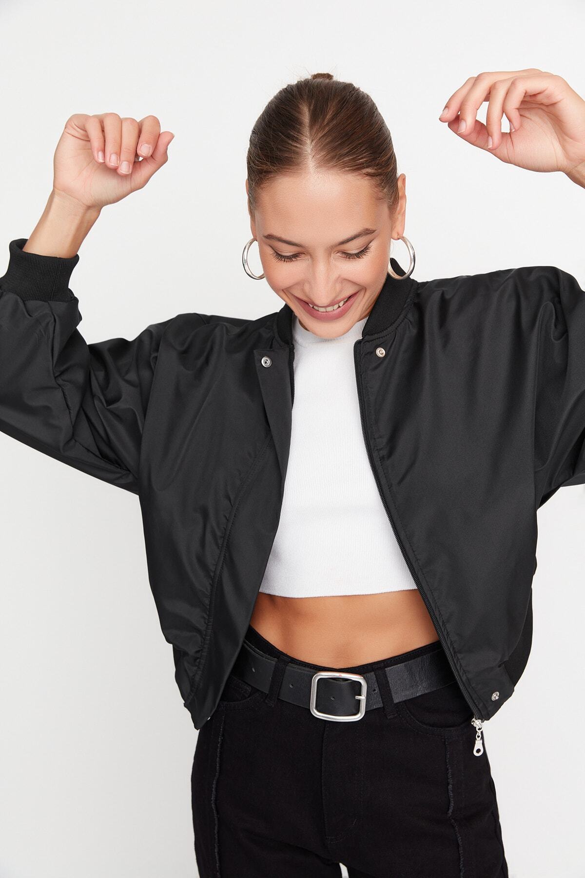 Black bomber jacket womens cropped clearance