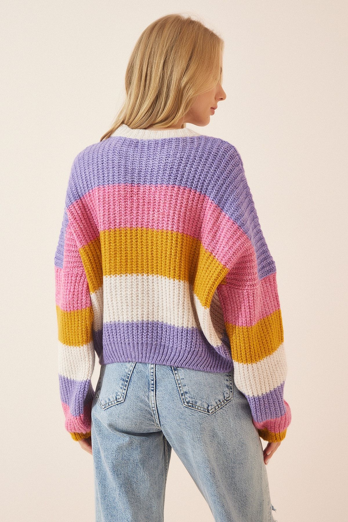 Happiness İstanbul-Lila-rosa gestreifter Strickpullover mit Ballonärmeln für Damen BV00002 4