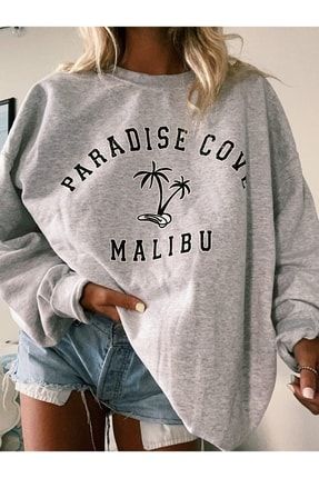 Kadın Gri Paradise Cove Malibu Baskılı Oversize Sweatshirt SWE-SORT