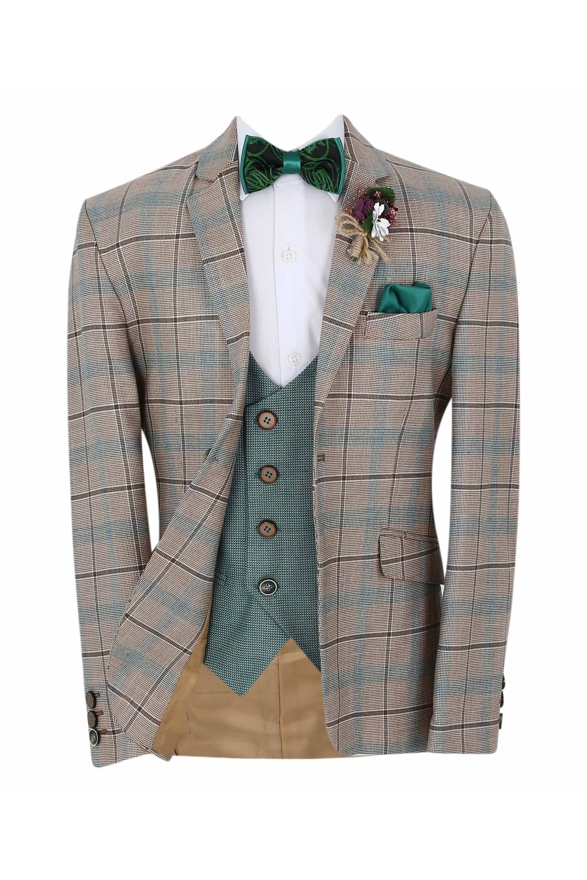  کت و شلوار سه تکه طرح چهارخانه پسرانه قهوه‌ای و سبز