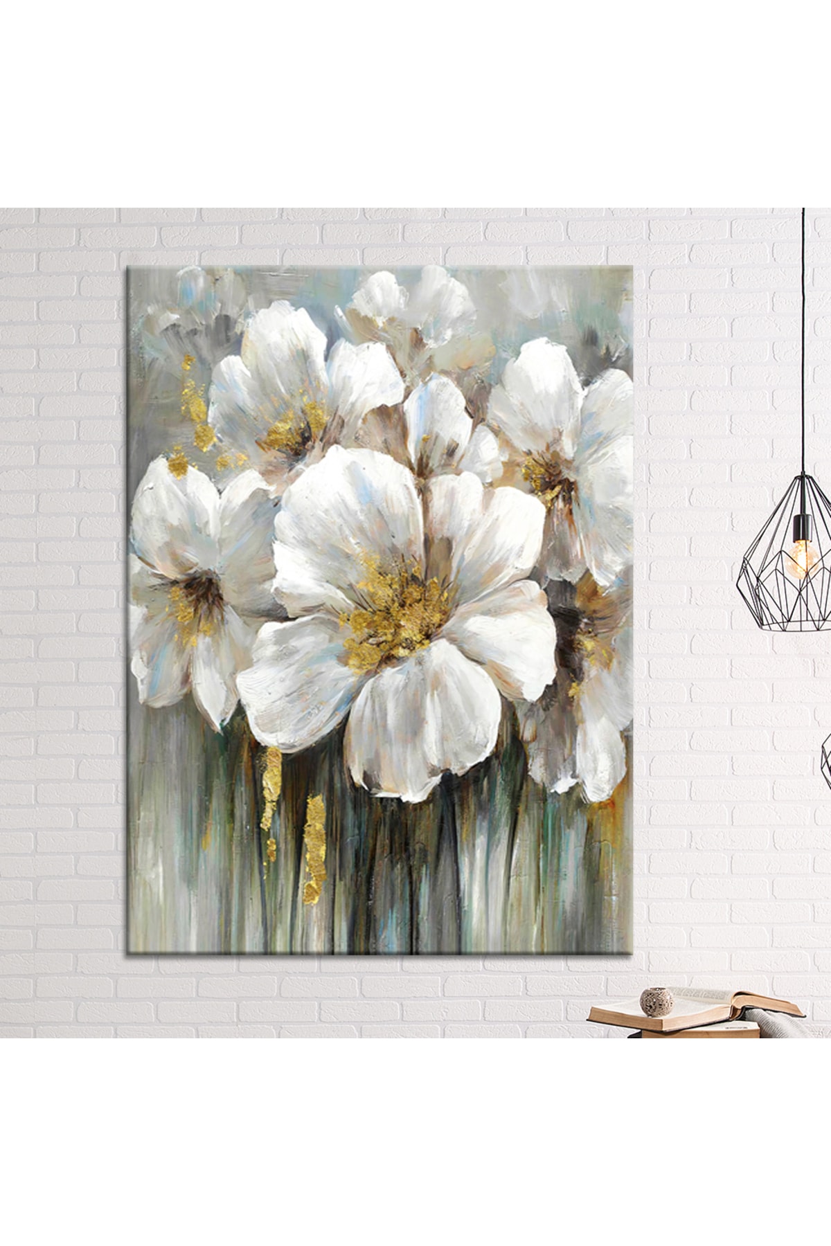 Beyaz Çiçekler Yağlıboya Görünümlü Dekoratif Kanvas Tablo (8 Farklı Ölçü)