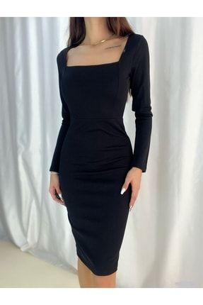 Esnek Kumaş Kare Yaka Uzun Kollu Midi Boy Siyah Abiye Elbise Siyah Mezuniyet Elbisesi 107 EMR-099