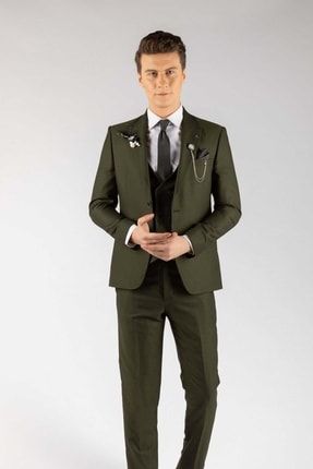 Haki Yeşil Slim Fit Yelekli Erkek Takım Elbise ZYF-TKM-T19004-23