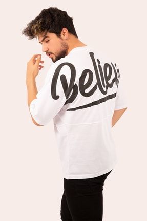 Unisex Believe Baskılı Oversize Kısa Kollu Pamuklu Beyaz T-shirt ETS102B