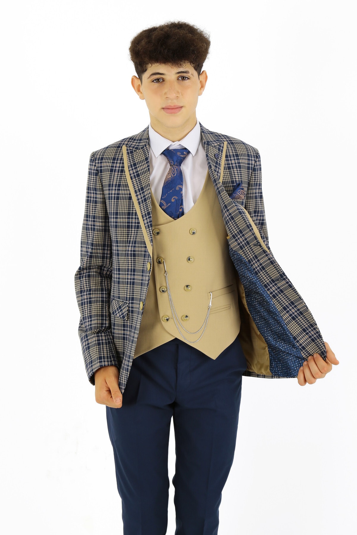  کت و شلوار چهارخانه پسرانه، سه تکه، ژاکت، جلیقه، شلوار