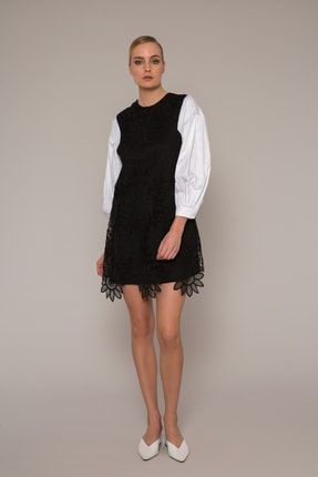 Dantel Garnili Siyah-Beyaz Poplin Mini Elbise M1YM5D0951VKR