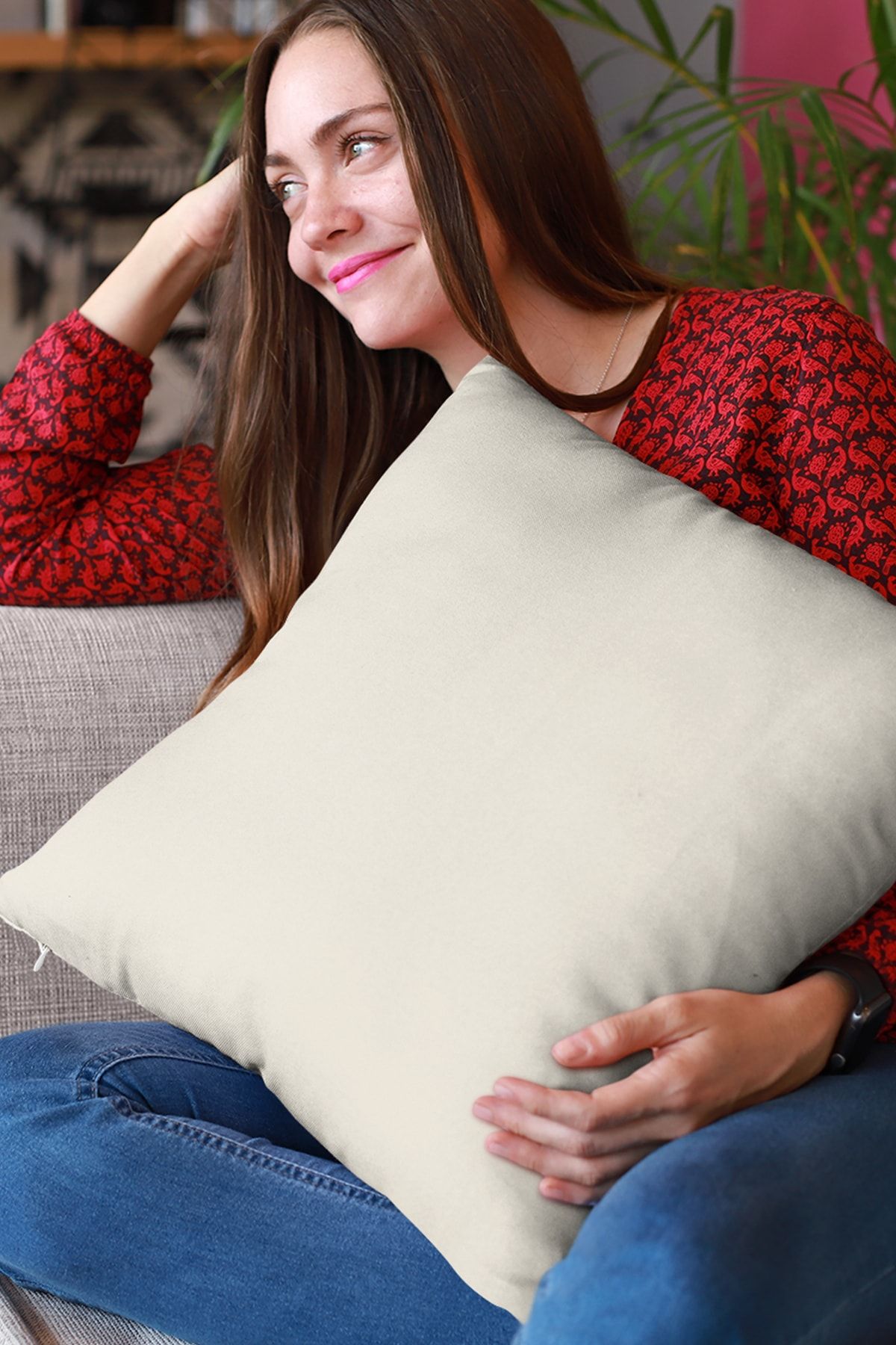 RugViva Ekru Sade Kırlent Kılıfı Tay Tüyü Döşemelik Premium Kumaş Tek Renk Düz 43x43cm Krl003 PN9964