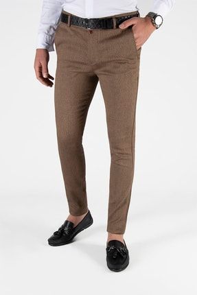 Erkek Kahverengi Slim Fit Italyan Kesim Keten Pantolon 20K-2200345