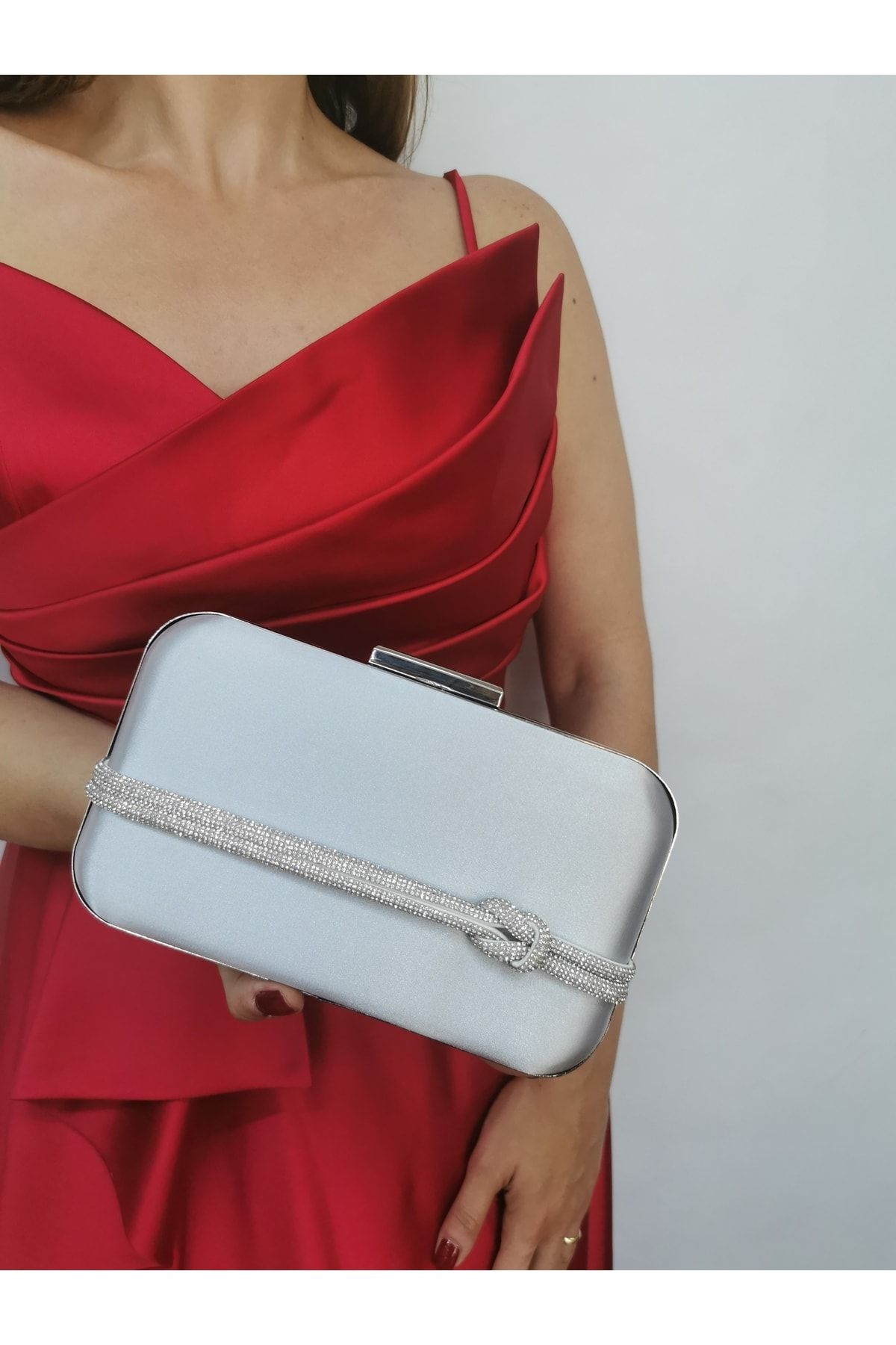 Silver satin evening bag sales