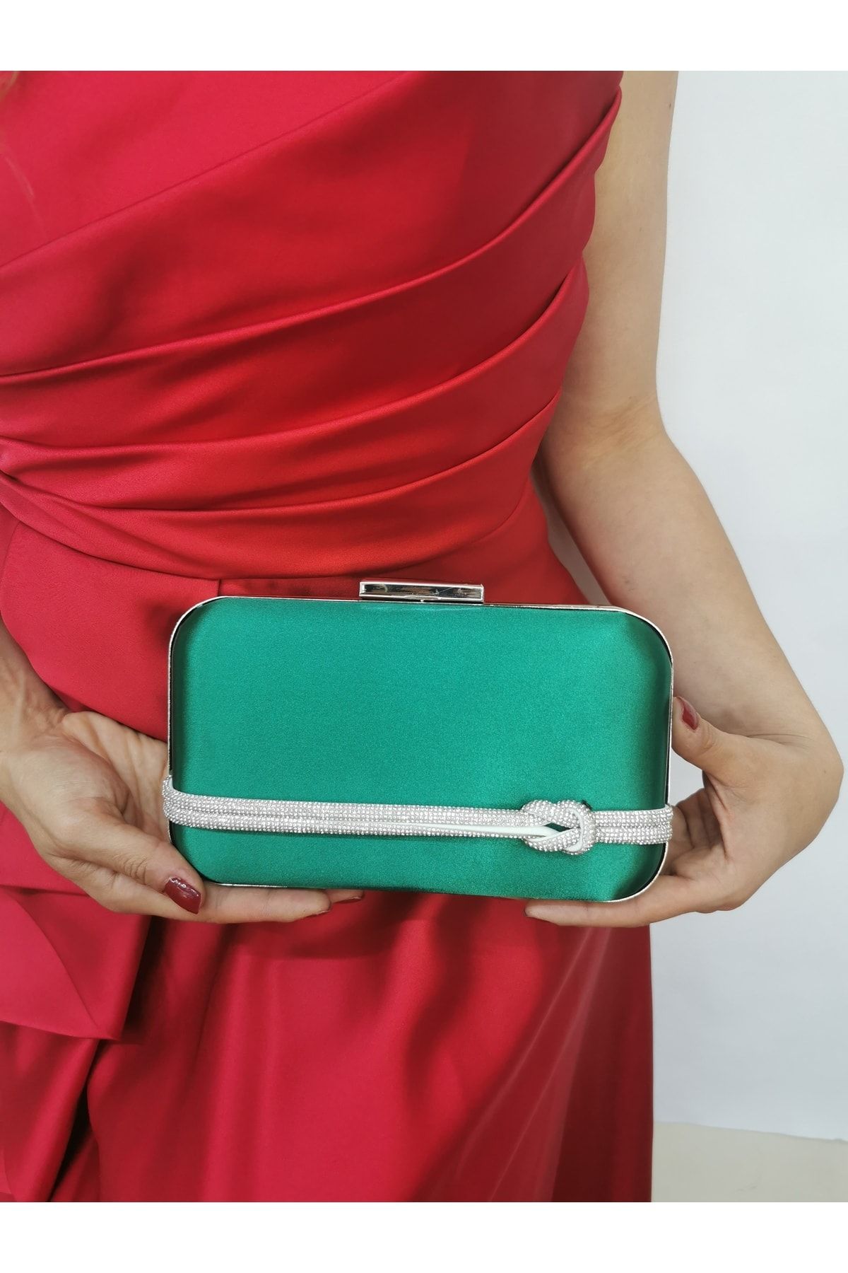 NAZART Women s Satin Stoned Green Evening Dress Clutch Portfolio