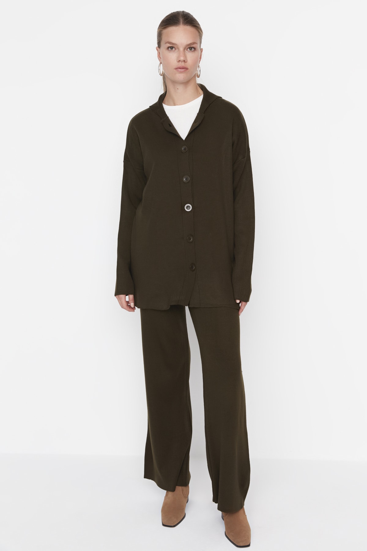 Trendyolmilla Modest Zümrüt Yeşili Yaka Detaylı Hırka-Pantolon Triko Takım TCTAW23US00100