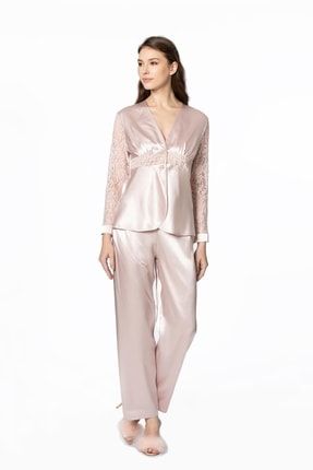 Kadın Saten Dantelli Pijama Takımı -1121 Pudra crdn1121